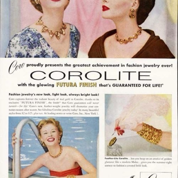 1950s Signed Coro Set (Gold Tone Necklace + Clip on Earrings) Bib Choker Collar - Picture 6 of 13